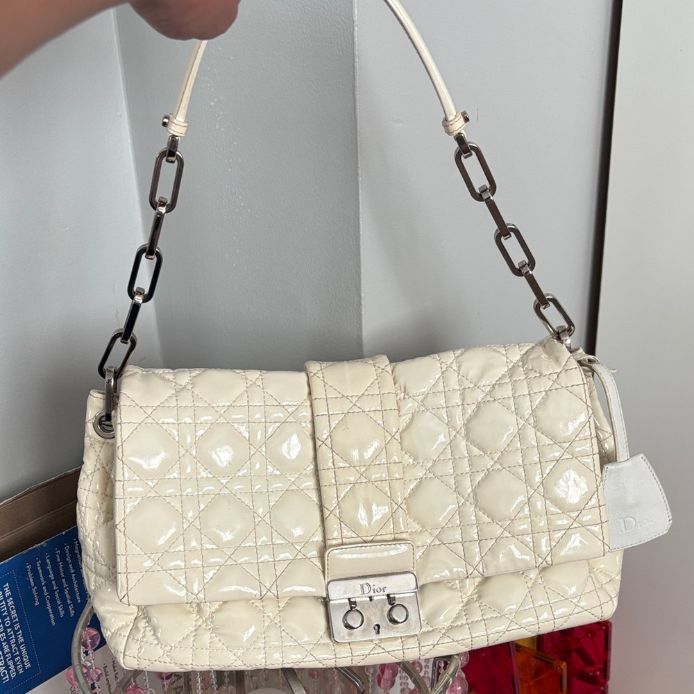 Dior Cream Patent Quilted Shoulder Bag